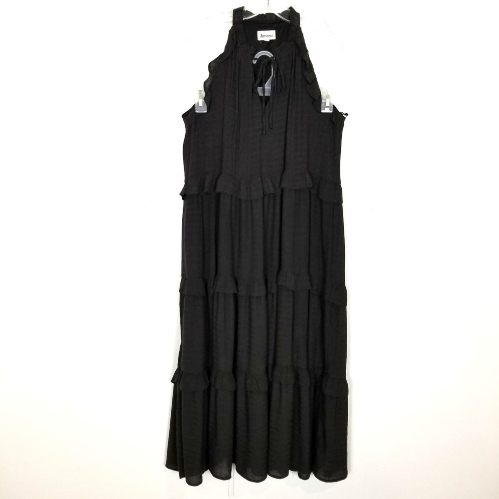 &Merci Womens Ruffle Tiered Maxi Dress Sz S Black Lined Tie Neck Boho Vaca